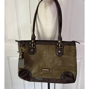 Etienne Aigner Women's Olive Green Croc Embossed Leather Tote Bag